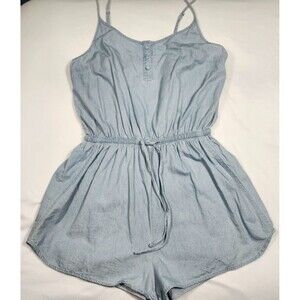 Cotton Chambray Utility Romper Boho Festival Drawstring Waist L Blue Vacation